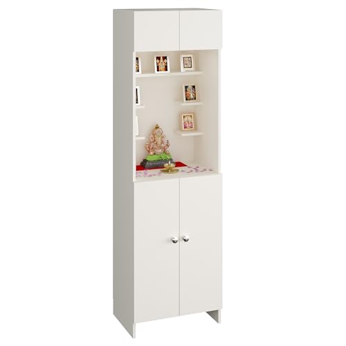 Image of FURNEASER Shivika Engineered Wood Pooja Mandir for Home | Modern Design Temple for Home & Office | Puja Stand Shelf | Prayer Cabinet Shelf (White)