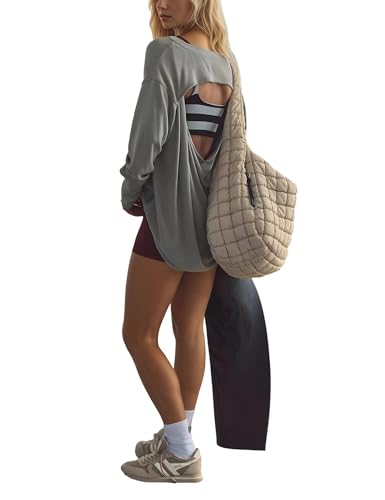 Womens Open Back Workout Tops Oversized Long Sleeve Athletic Shirts Casual Loose Gym Yoga Running Activewear T Shirts