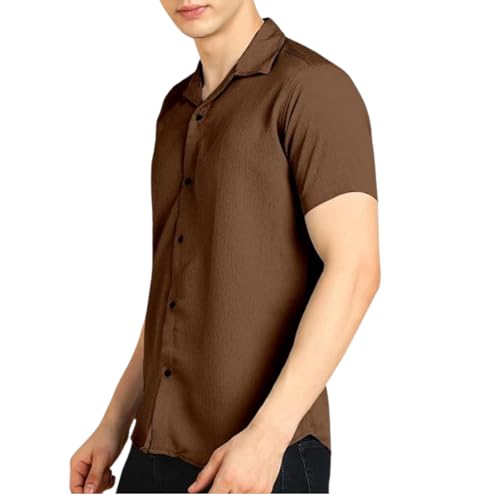 Image of COMBRAIDED Men's Solid Cotton Blend Half Sleeve Shirt - Regular Fit Casual Button-Down Shirt for Office & Travel - Summer & Spring