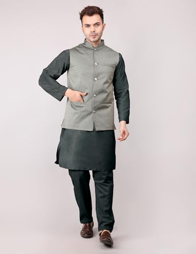 Image of Men's Cotton Silk Blend Regular Kurta Pyjama, Embroidered Nehru Jacket /Waistcoat Set