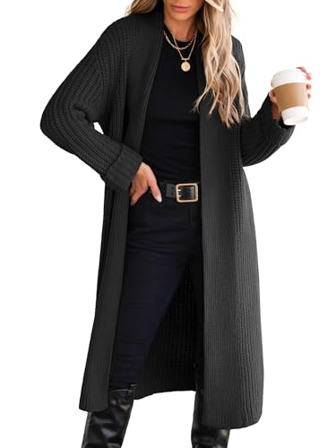 ANRABESS Women Knit Long Cardigan Long Sleeve Open Front Lapel Oversized Sweater Coat 2025 Fall Duster Outerwear Clothes Black Small
