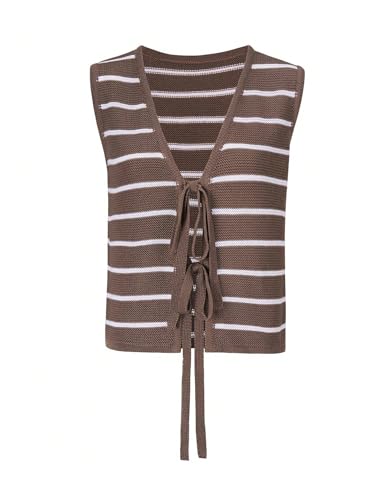 SOLY HUX Women's Sleeveless Striped Sweater Vest V Neck Tie Bow Crochet Knit Tank Tops Casual Loose Cardigan Brown Striped Small