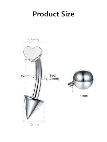 Aumeo Titanium Eyebrow Rings 16G Curved Barbell Piercing Jewelry Heart Star Vertical Labret Lip Jewelry Daith Rook Earrings for Women Men 8mm 10mm2