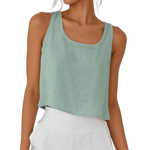 Womens Summer Tops Dressy Casual Cotton Linen Button Decor Crop Tank Tops Loose Scoop Neck Sleeveless Cropped Tshirts Green