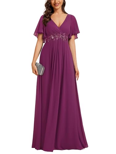 Image of Ever-Pretty Womens V Neck Applique Mother of the Bride Dresses Formal Dress | Chiffon, Short Sleeves, Ruched, A-Line, Bridesmaid Dresses, Formal Gown, Black Tie Dress
