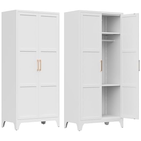 71" H Metal Wardrobe Closet with 2 Doors and Adjustable Shelves,Clothing Locker with Hanging Rod,Wardrobe Storage Cabinet for HomeLaundry Room-White/Assembly Required Cover