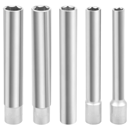 5Pcs 3/8" Drive Deep Impact Socket Set - Chromium Vanadium Alloy Steel Extra Long Impact Socket for Automotive Industrial, Metric Sizes 8-10-12-13-14mm (Hexagon Sockets)