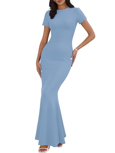 Image of Womens Summer Short Sleeve Square Neck Elegant Casual Lounge Bodycon Slim Maxi Evening Party Long Dress