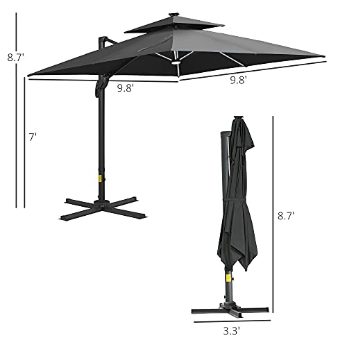 Outsunny 10Ft Cantilever Patio Umbrella With Solar Led Lights, Double Top Square Outdoor Offset Umbrella With 360° Rotation, 4-Position Tilt, Crank & Cross Base For Garden, Deck, Pool, Dark Gray #TOP2
