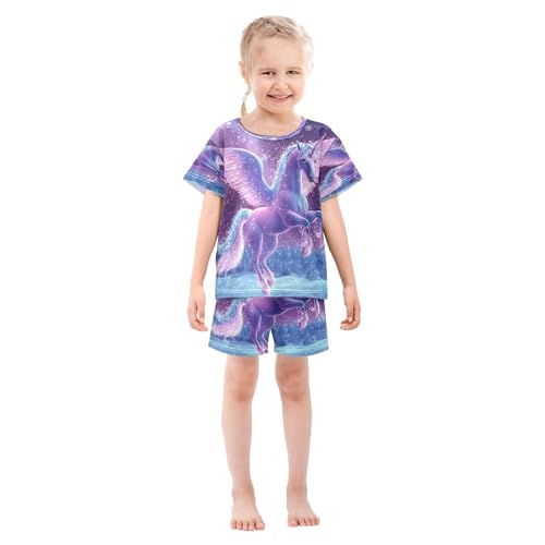 ALAZA Unicorn Wing Snowflake Pajamas Set Short Sleeve Cotton Sleepwear Summer Pjs 2 Piece 5-14Y3