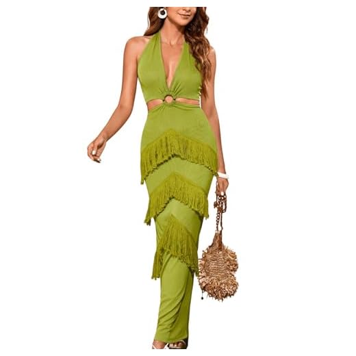 BEAUDRM Women's Solid Sleeveless O-Ring Cut Out Halter Neck Maxi Dress Backless Fringe Trim High Waist Summer Dresses Lime Green X-Small