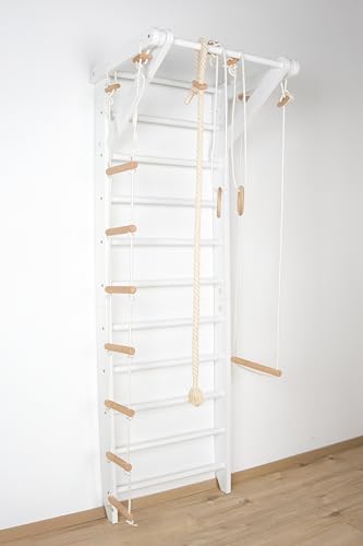 Sport & Spiel Sprossenwand "Sport-2-220 Weiß“ – Massives Turn- & Klettergerüst für Kinder & Erwachsene, Schwedische Leiter, Turnringe aus Holz, Schaukel, Seil, Indoor Spielgerät & Familienfitness