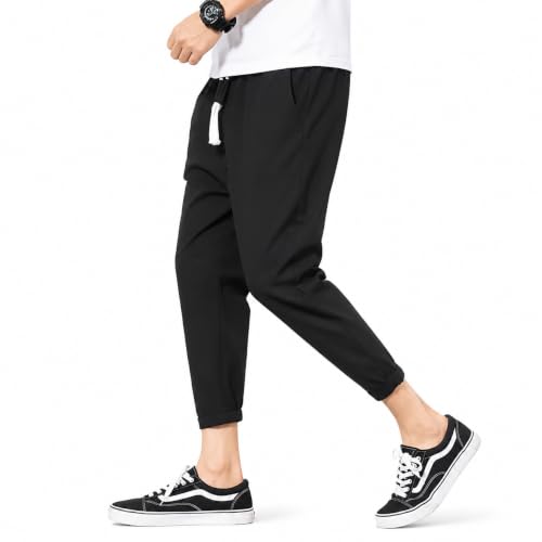 Image of Men's Black Casual Jogger Trousers, Slim Fit Ankle-Length Pants with Drawstring Waist