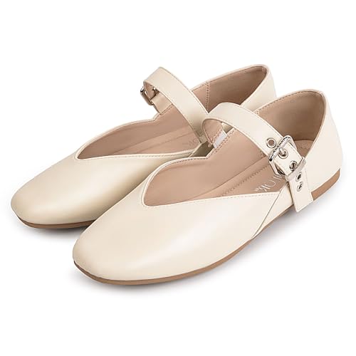 Samilor Women's Mary Jane Flats - V-Shaped Square Toe Soft Ballet Flats with Adjustable Buckle, Comfortable Formal Work Shoes for Office Women Beige