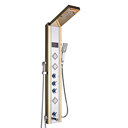 QYZUJIKL Pannello Doccia A LED con Sistema A Torre, Display Digitale, Colonna Doccia in Acciaio Inox con Soffione, Doccetta, Getti Corporei, Beccuccio per Vasca, Doccetta per Bide-Yellow