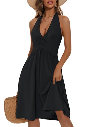 Image of ZABERRY Women Summer Sundresses Halter Neck Deep V Tie Backless Floral Ruched Vacation Beach Dresses 2025 with Pockets