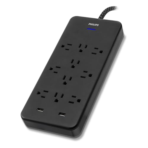 Image of Philips Surge Protector Power Strip, 6 Ft Braided Extension Cord, 2880 Joules, 10 Outlet Extender (Wide Spaced), 2 USB-A, Flat Plug, Home Office Dorm Essentials, ETL Listed, Black, SPP3403B /37