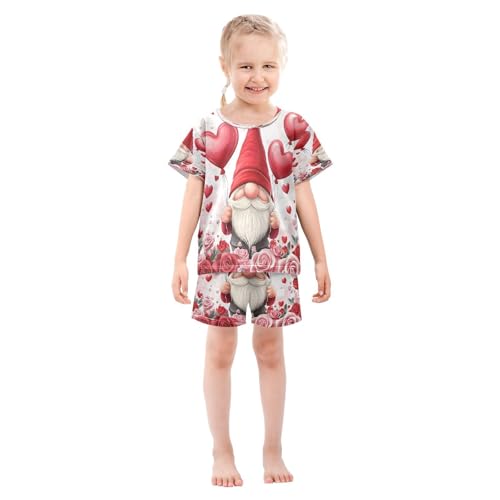 ALAZA Gnomes Rose Flower Balloon Valentines Pajamas Set Short Sleeve Cotton Sleepwear Summer Pjs 2 Piece 5-14Y3