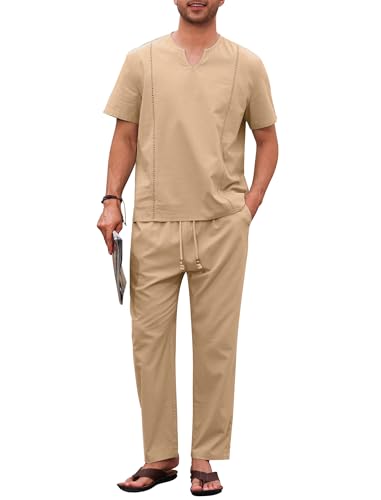 Men's 2 Piece Set Short Sleeve Casual Henley Shirts Straight Leg Pants Lounge Vacation Outfits Summer Beach