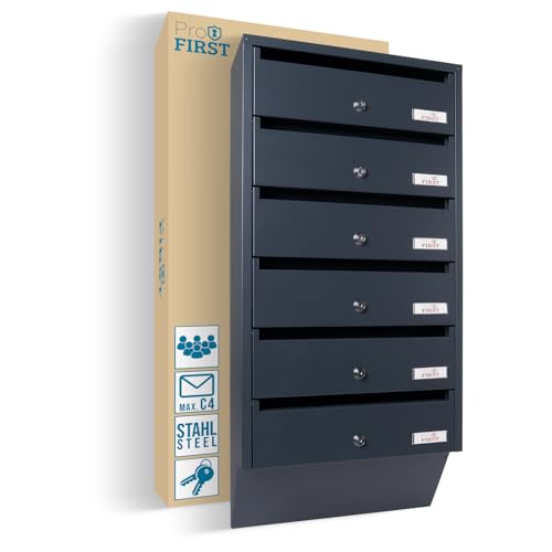 Profirst Briefkastenanlage Maildrop 6 Anthrazit Stahl Zylinderschloss je 2 Schlüssel für 6 Parteien Namensschildhalter inkl. Montagematerial