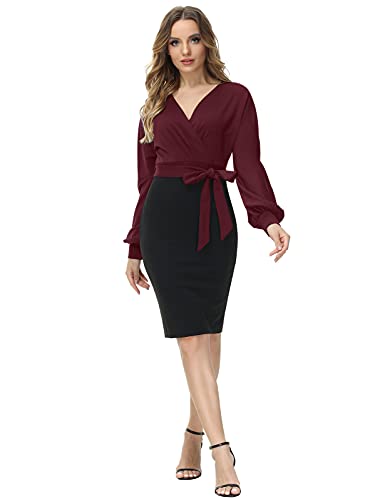 Grace Karin Women's Plus Size Wrap Pencil Dress Wear To Work Business Office V Neck With Belt Wine Red-Black Xxl #TOP1
