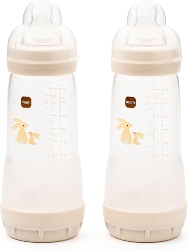 MAM Easy Start Anti-Colic Baby Bottles | 2 Pack (2 x 320ml) | Self-Sterlising | Fast Flow MAM Teats Size 3 | Baby Accessories | Linen (Various Designs)