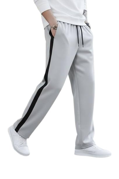Image of Men's Cotton Blend Track Pants, Black with White Side Stripe, Drawstring Waist, Relaxed Fit Joggers
