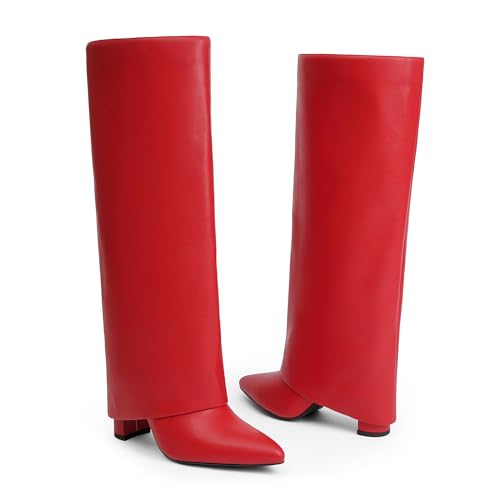 Image of Knee High Boots Women Fold Over Boots Chunky Heel Pointed Toe Tall Boots | Fashion Slouchy Boots,Side Zipper Shark Boots,Fall Spring Winter Fashion Dress Tall Boots,Evening Bridal office Long Boots