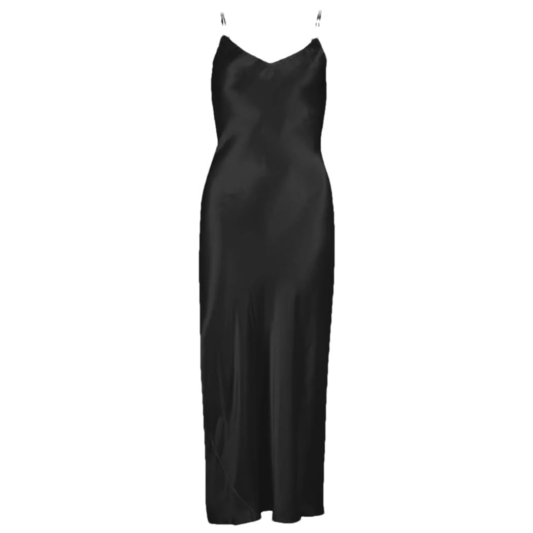 Camisón Largo de Seda para Mujer (Negro, Talla XXL)