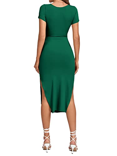 Image of LYANER Women's Twist Front Cut Out Split Hem V Neck Short Sleeve Knit Bodycon Midi Dress