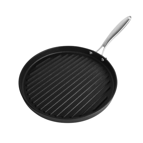 12 Inch Cast Iron Grill Pan with Stainless Steel Handle, Pre-Seasoned Round Ribbed Skillet for Stovetop, Oven & Grill, Perfect for Steak, Burgers, Indoor & Outdoor BBQ