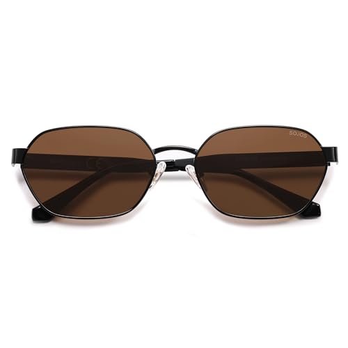 SOJOS Trendy Polarized Hexagon Sunglasses for Women Men, UV400 Retro Rectangle Shades SJ1238 Black/Brown