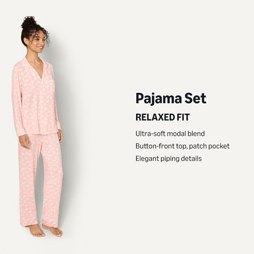 Image of Amazon Essentials x Sofia Grainge Women's Stretch Modal Long-Sleeve Button-Front Top and Full-Length Bottom Pajama Set