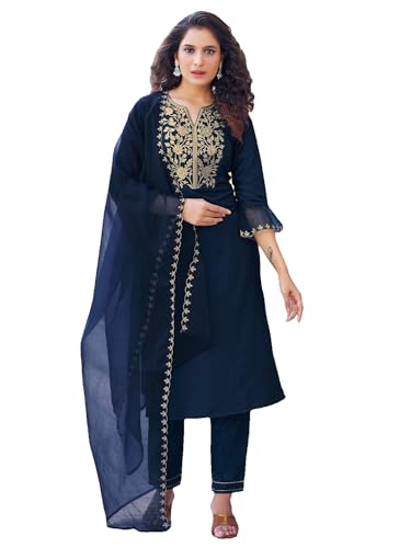Image of SKYLEE Silk Blend Embroidery Straight Kurta Set with Dupatta