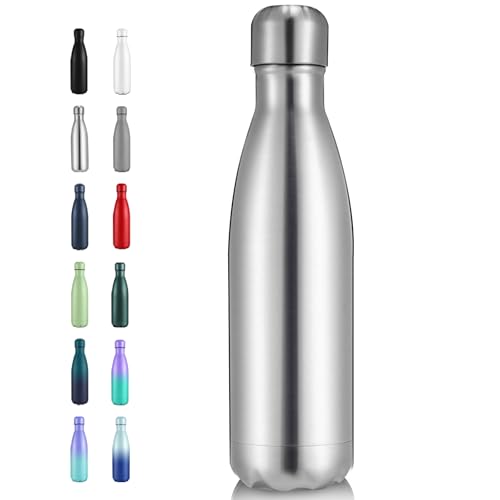 Volhoply 17oz Insulated Stainless Steel Water Bottle, Double Wall Vacuum Flask, Keeps Cold 24h & Hot 12h, Available in Packs of 1, 4, 8, or 12(Silver,1 Pack