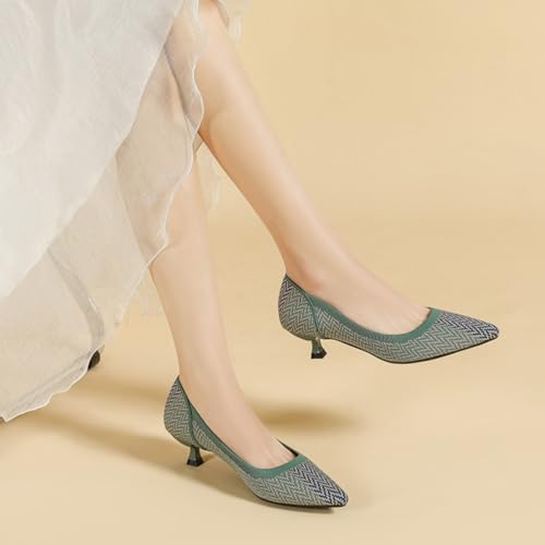 HROYL Women's Pumps Kitten Heels Pointed Toe Knit Slip On Comfortable Casual Formal Dress Shoes3