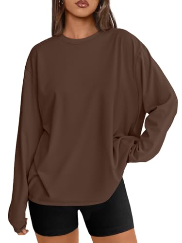 Trendy Queen Womens Oversized Long Sleeve T Shirts 2025 Basic Crewneck Tee Fall Tops Casual Workout Y2K Clothes Brown M