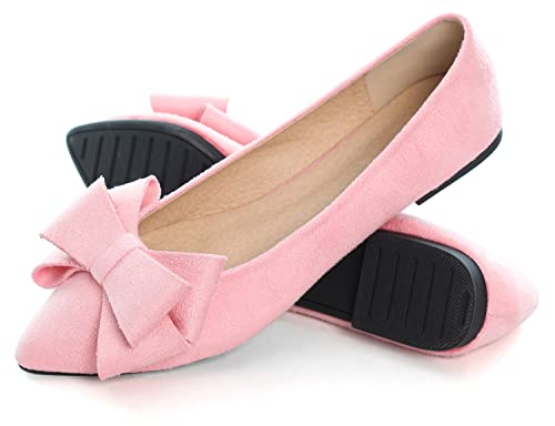 SAILING LU Bow-Knot Ballet Flats Womens Pointy Toe Flat Shoes Suede Dress Shoes Wear to Work Slip On Moccasins Dark Pink Size 7.54