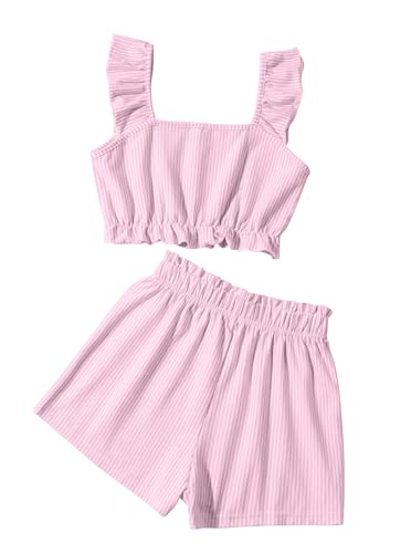 Image of Girls 2 Piece Summer Outfits Ruffle Strap Striped Crop Top and Short Sets Pink 7-8 Years