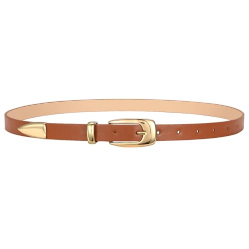 SANSTHS Women Skinny Leather Belt for Women Jeans Pants Dress Ladies Thin Waist Belt Fashion with Gold Buckle Brown S
