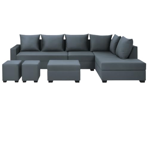 Image of FURNY Gloria 8 Seater Fabric RHS L Shape Sofa Set with 1 Centre Table & 2 Puffy (Dark Grey) Premium Velvet Finish | Durable Comfort | Ideal for Living Room