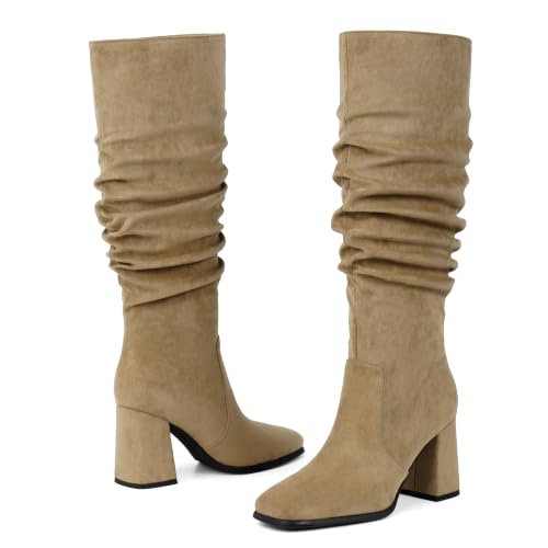 Image of Modatope Knee High Boots Women Square Toe Chunky Heel Fashion Tall Boots