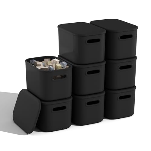 8 Pack Black Storage Bins with Lids for Shelves, Plastic Storage Containers with Lids for Organizing, Stackable Storage Boxes with Handle, Black Storage Bins for Classroom, Craft, Snacks