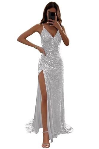 BOLENSYE Sequin Prom Dresses Mermaid Formal Gown Spaghetti Strap V Neck Sparkly Evening Party Dress with Slit