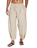 COOFANDY Men's Cotton Linen Harem Pants Drawstring Casual Cropped Trousers Lightweight Loose Beach Yoga Pants with Pockets Khaki
