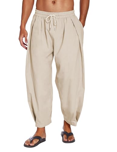 COOFANDY Mens Cotton Linen Harem Pants Drawstring Casual Cropped Trousers Lightweight Loose Beach Yoga Pants with Pockets Khaki