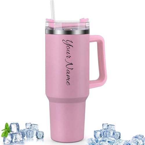 Image of SKDBPM Personalized Stainless Steel Tumbler with Handle, 1200ml Capacity, Black Insulated Travel Mug with Straw, Custom Name Design (Pink (3rd Generation))