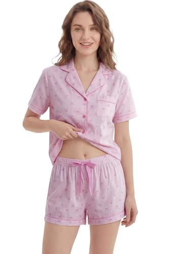 Image of LUBOT 100% Cotton Pajamas for Women 2 Piece PJ Set Poplin Woven Lightweight Ladies Button Short Sleeve Sleepwear S-XXL