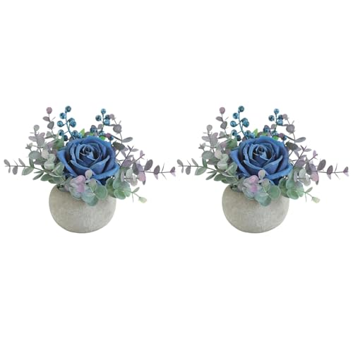 Rosscer Small Artificial Blue Rose Potted Plant, 2 Pcs Mini Faux Decor