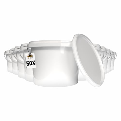 50 cubos con tapa, 2 l, redondos, de plástico, aptos para alimentos, herméticos y estables, vacíos con asa y tapa, aptos para alimentos y alimentos